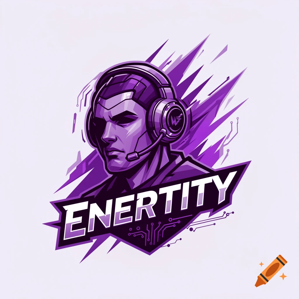 A stylized purple and black esports logo features a man's head in a gaming headset with the text "ENERTITY" below, set against a sharp, geometric background.