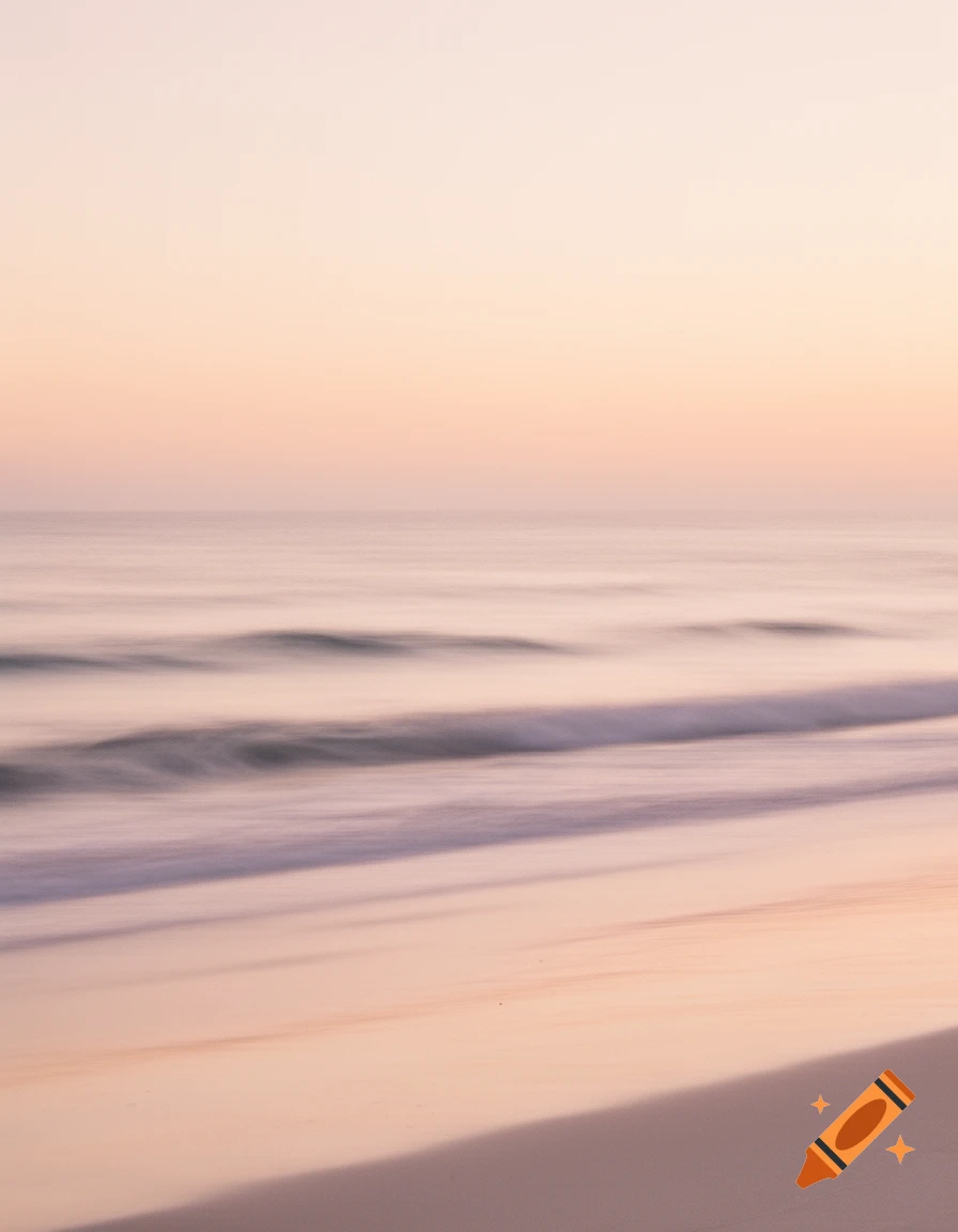 Ethereal, minimalist coastal landscape at sunset with blurred ocean waves and soft pastel hues over the sand.