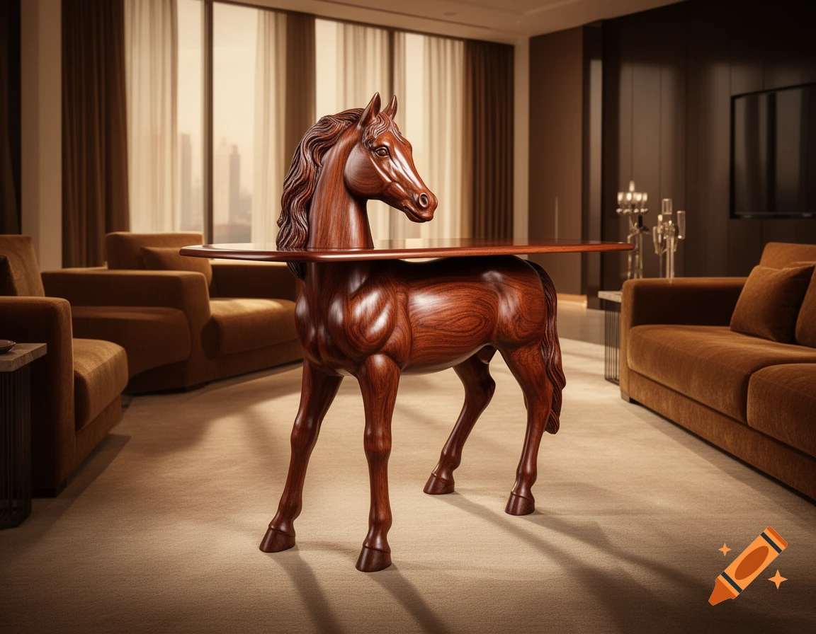 A highly detailed, polished wooden horse sculpture serves as a side table in a luxurious, modern room with brown sofas and large windows.