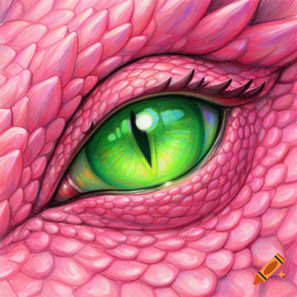 Close-up of a dragon's eye with pink scales and a vibrant green iris, rendered in an oil pastel style.