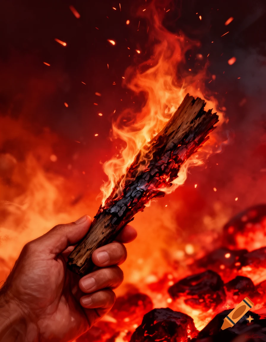 A hand holds a burning piece of wood against a backdrop of intense flames and glowing embers.