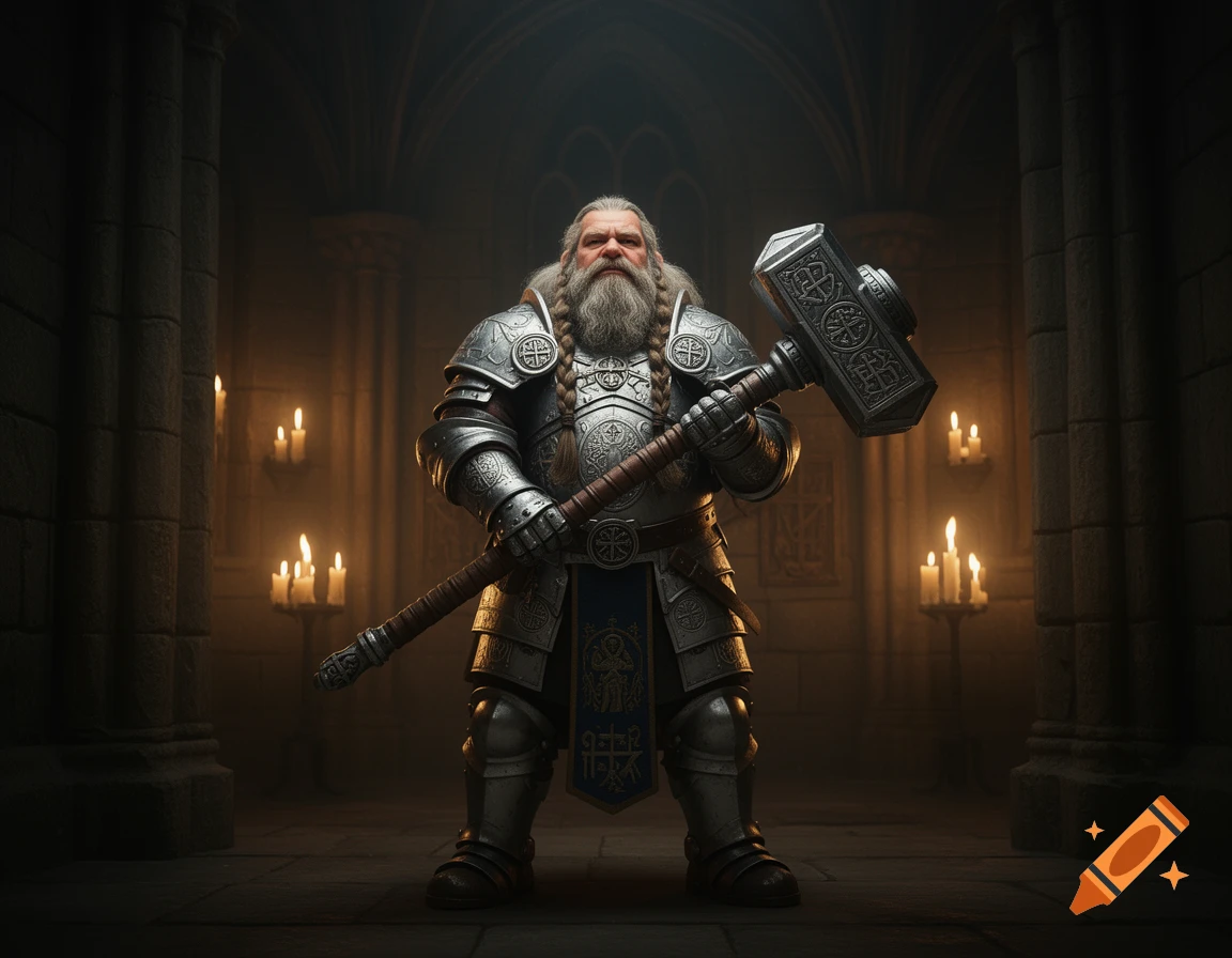 A mighty dwarven cleric in ornate plate armor holds a large warhammer in a dark, candlelit stone hall.