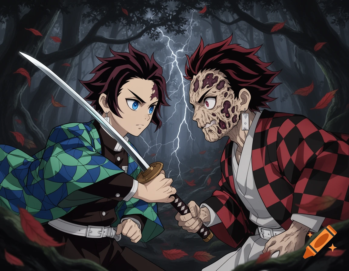 Two anime characters resembling Tanjiro from Demon Slayer stand facing each other in a dark forest with falling red leaves and lightning. One is normal, holding a katana, while the other has a grotesque, 'rotten' face.