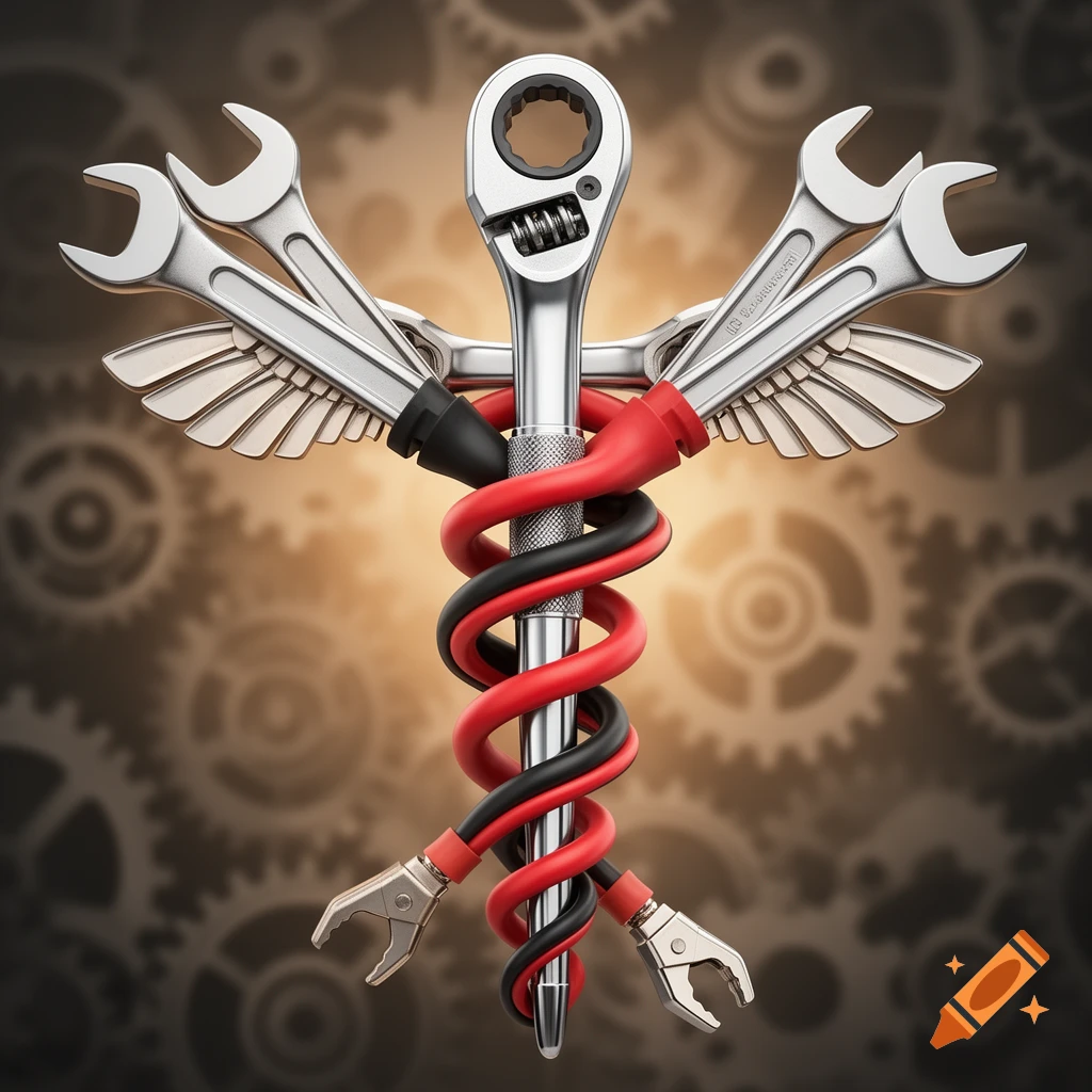 A stylized caduceus symbol made of a silver ratchet, wrenches as wings, and red and black jumper cables as snakes, on a blurred background of gears.