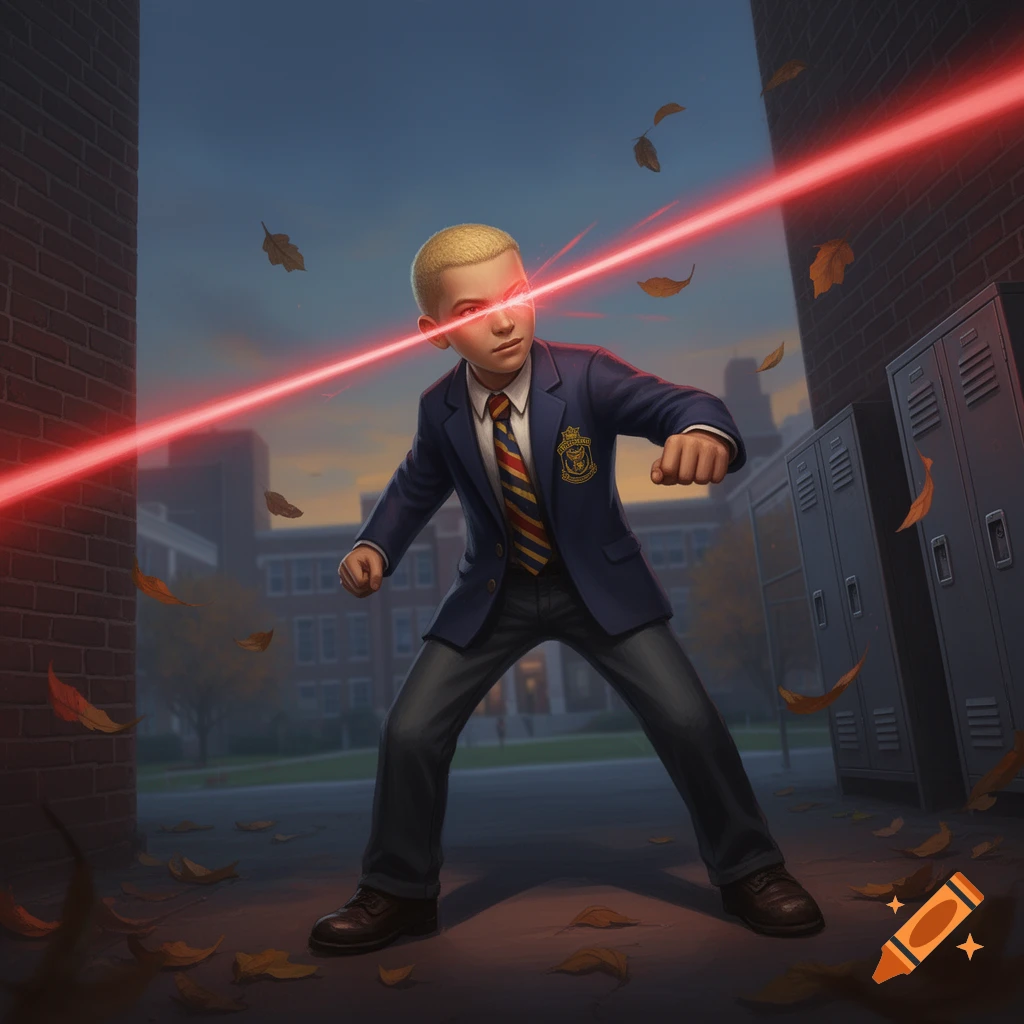 A blond boy in a school uniform stands in a schoolyard, firing red lasers from his eyes, with lockers and falling autumn leaves.