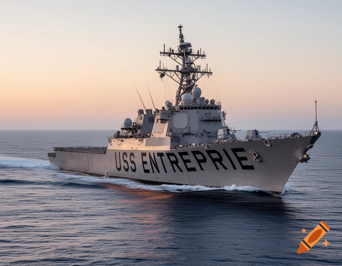 Photorealistic image of the grey warship 'USS ENTREPRIE' sailing on the ocean at sunset.