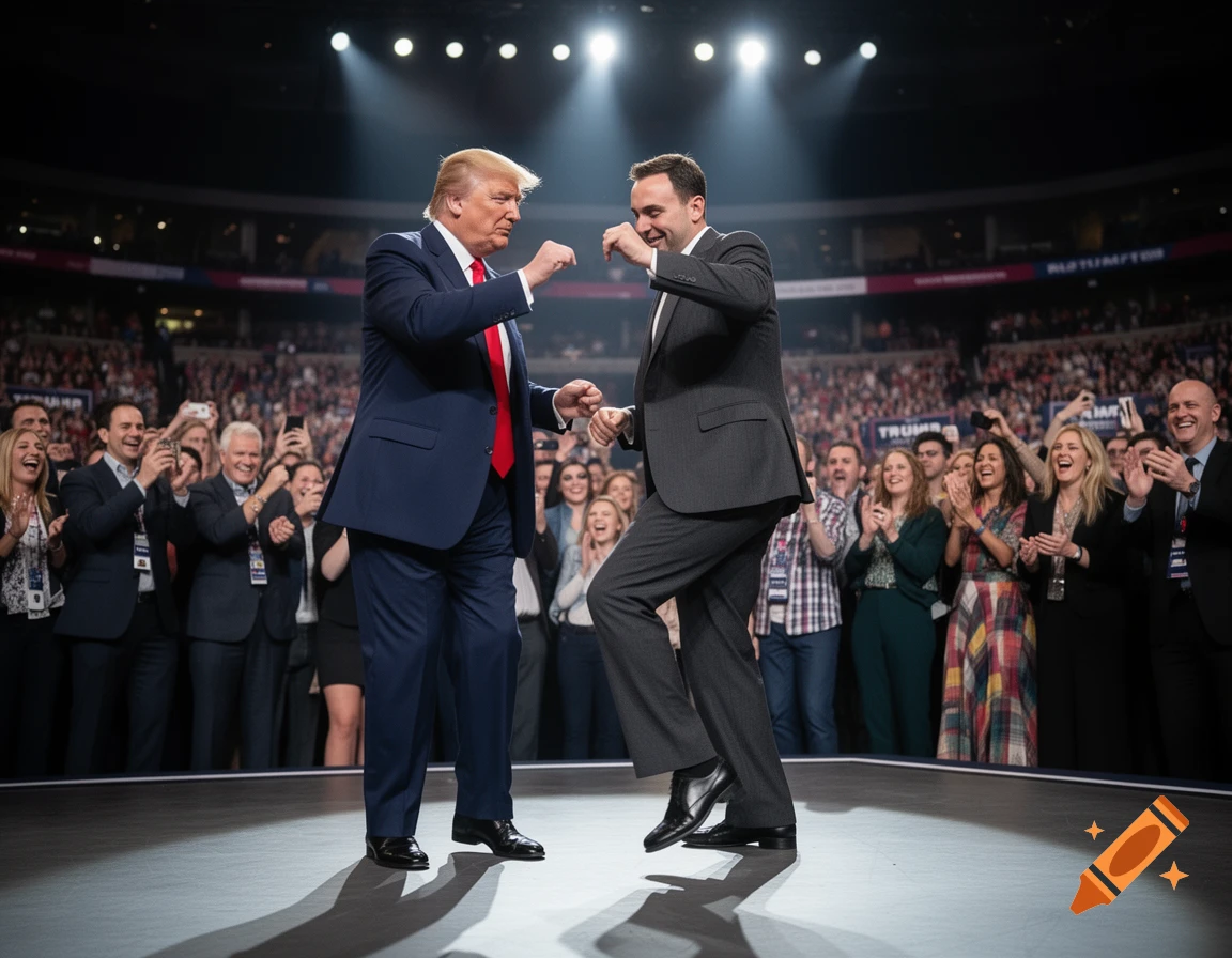 Donald Trump and JD Vance dance on a stage before a large, cheering crowd at an indoor event.