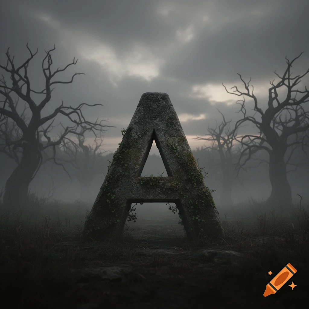 A large, moss-covered stone letter 'A' in a dark, misty forest with bare trees under a gloomy sky.