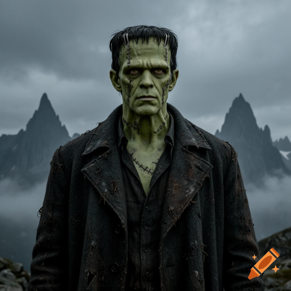 Photorealistic depiction of Frankenstein's monster, green-skinned and stitched, wearing a dark coat, against a cloudy mountain backdrop.