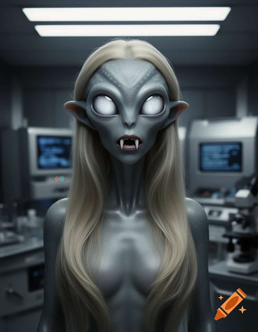 Photorealistic portrait of a grey alien woman with blonde hair, fangs, and glowing eyes in a sci-fi lab.