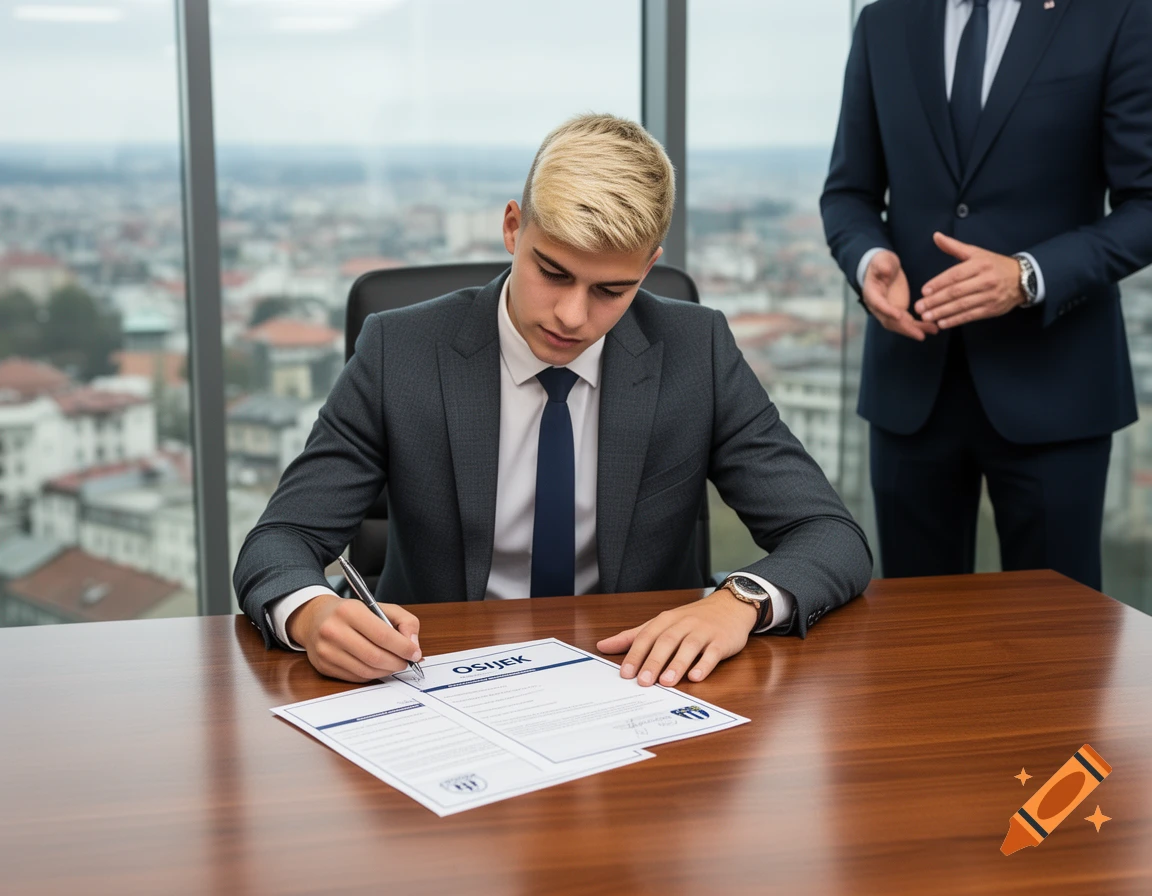 A young blonde man in a suit signs a document at a wooden desk in an office with a city view, while another man in a suit stands nearby.