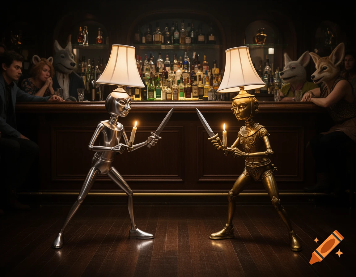 Two anthropomorphic lamp figures, one silver and one gold, duel with knives and candles in a dimly lit bar. Patrons in animal masks watch from the bar.