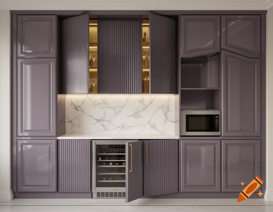 A hyper-realistic 3D rendering of a custom purple-gray built-in furniture wall with a wine fridge and microwave.