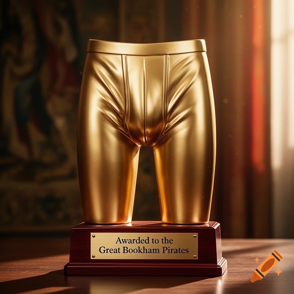 A photorealistic golden Y-fronts trophy on a wooden base, inscribed 'Awarded to the Great Bookham Pirates'.