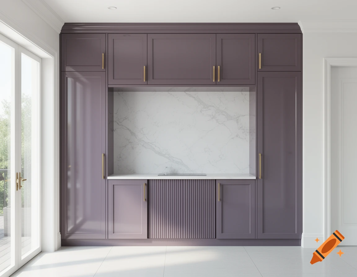 A modern luxury kitchen cabinet wall in purple-gray with gold handles, white quartz backsplash, and patio doors.