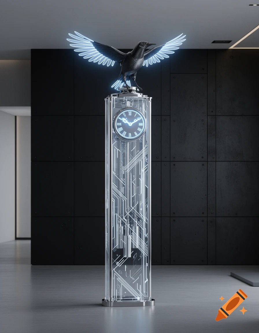 A sleek, futuristic grandfather clock with a transparent body showing glowing circuit patterns, topped with a black bird statue with glowing blue wings. Set in a modern, dark room.