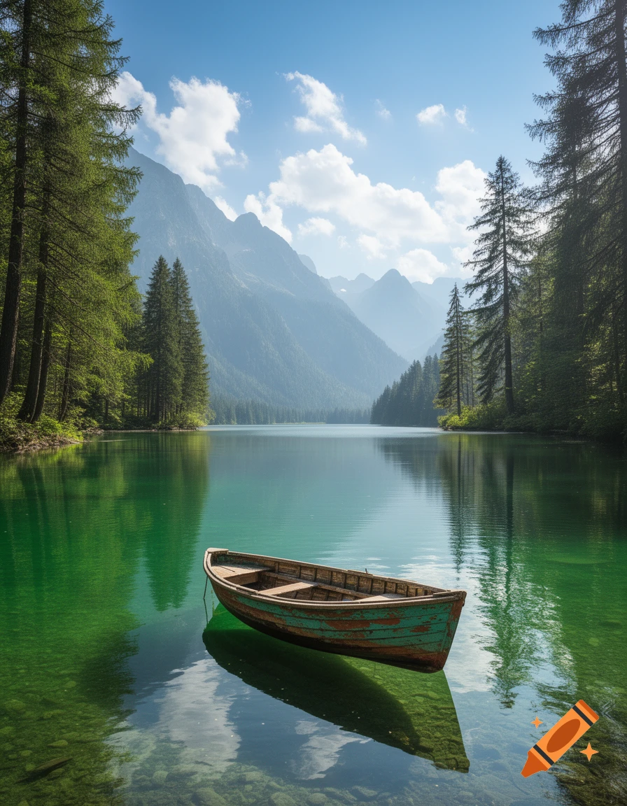 A rustic wooden boat floats on a clear, emerald-green mountain lake, surrounded by towering pine trees and distant peaks under a bright blue sky.