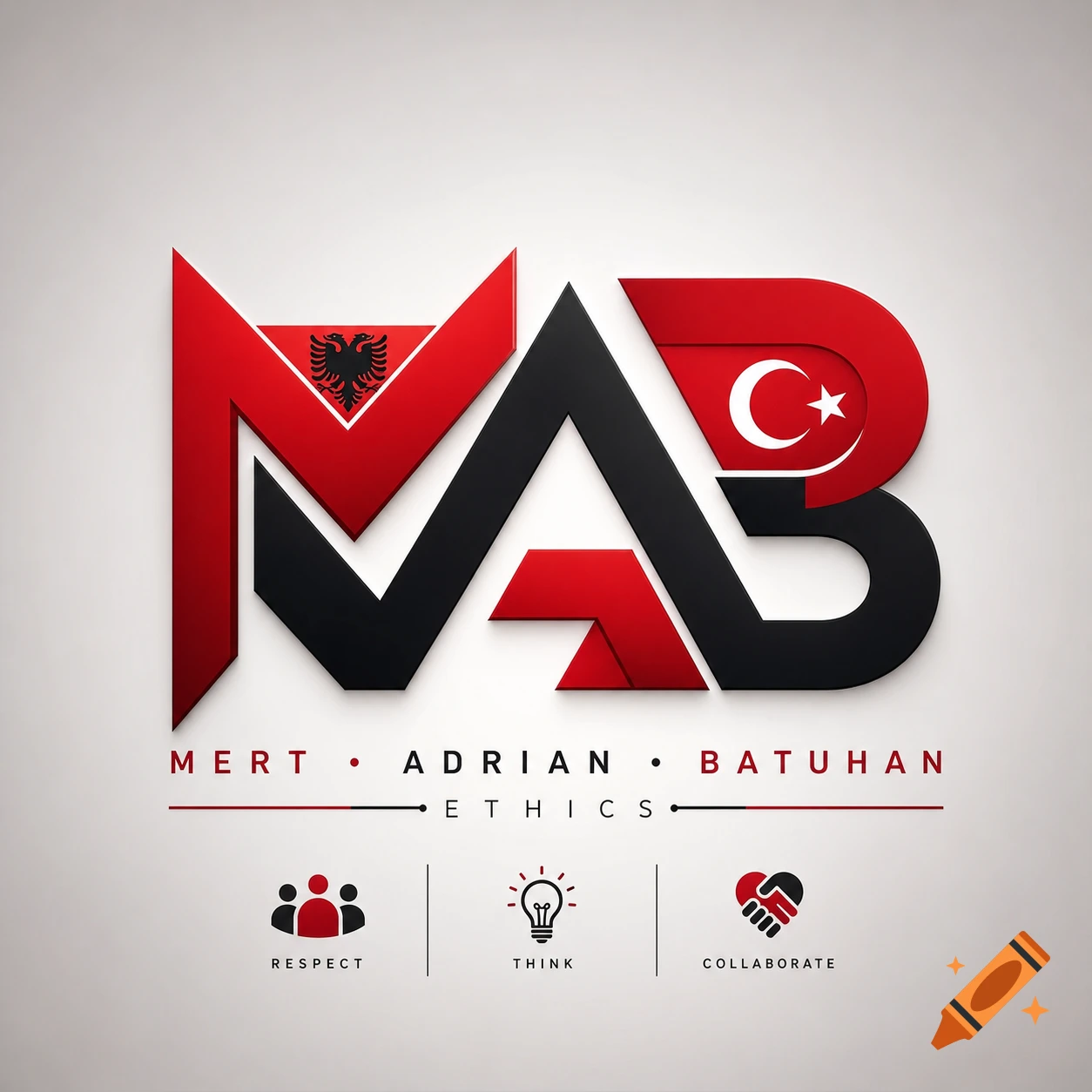 A red and black 3D logo spelling 'MAB' featuring Albanian and Turkish flag elements, with text 'Mert, Adrian, Batuhan', 'Ethics', 'Respect', 'Think', 'Collaborate'.