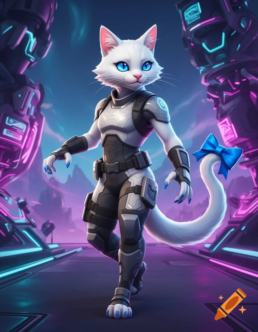 A white anthropomorphic cat in a futuristic grey suit, with blue eyes, blue bow on tail, and blue nails, in a neon-lit sci-fi setting.