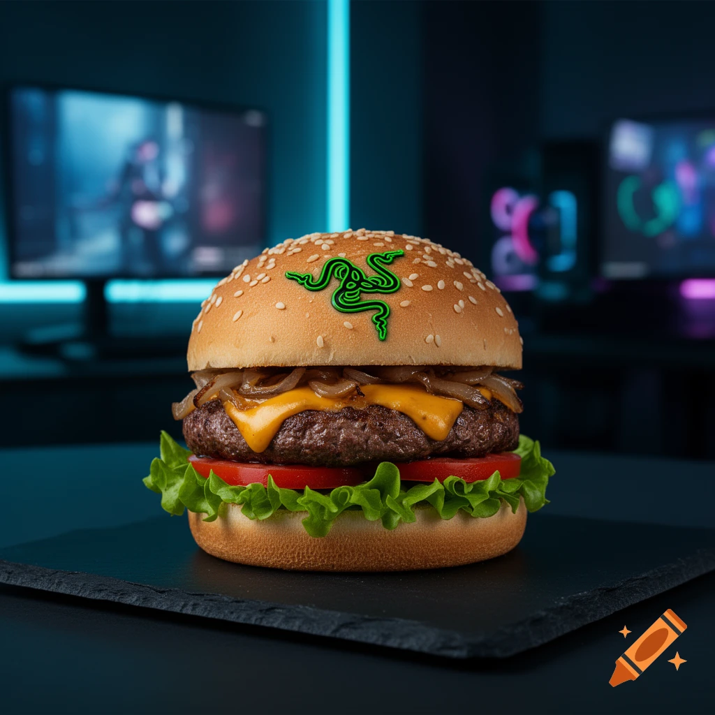 A cheeseburger with the green Razer logo on the bun, in front of a neon-lit gaming setup.