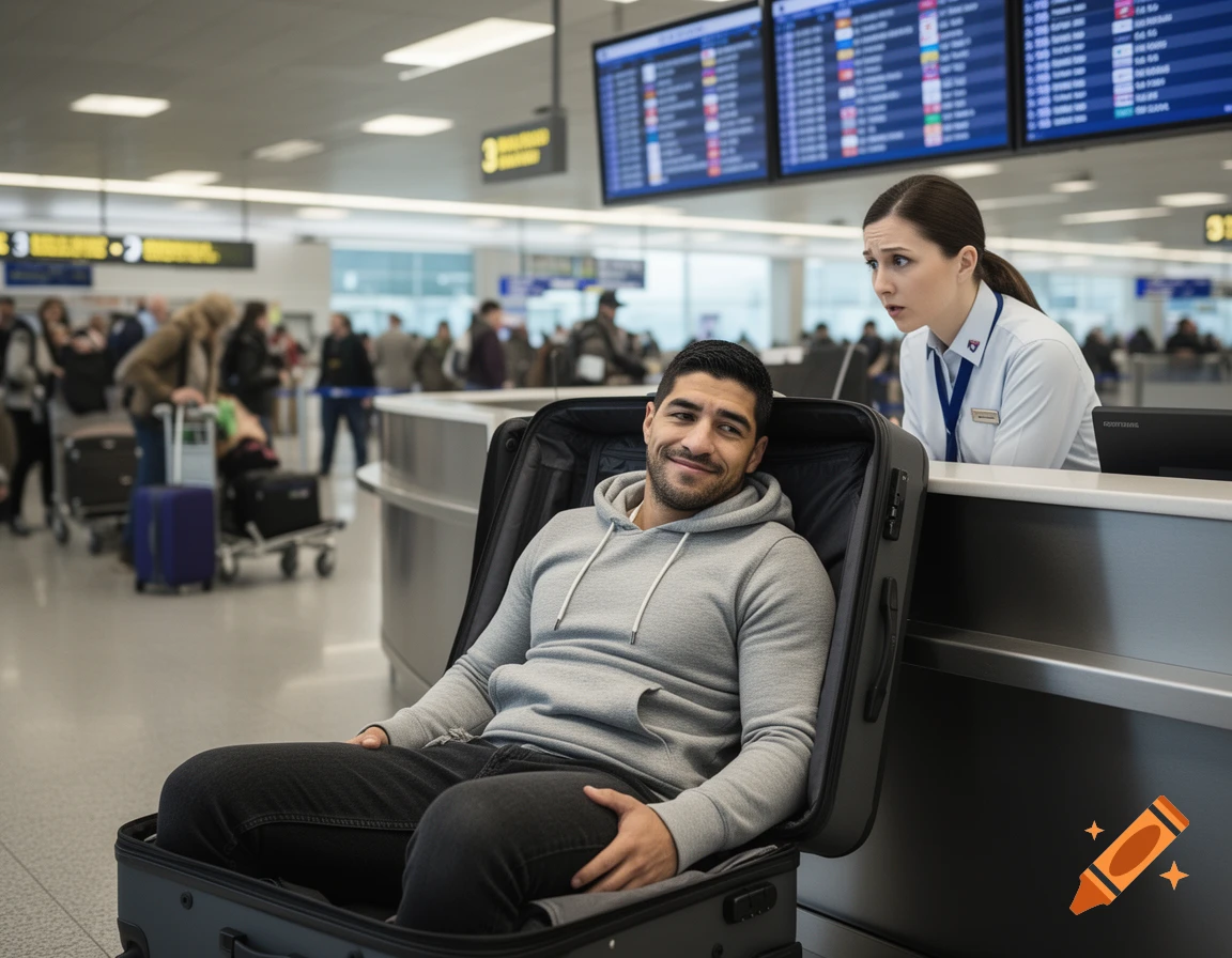 A man in a grey hoodie sits inside an open suitcase on a conveyor belt at an airport check-in, smiling at a surprised airline employee. Other travelers are in the background.