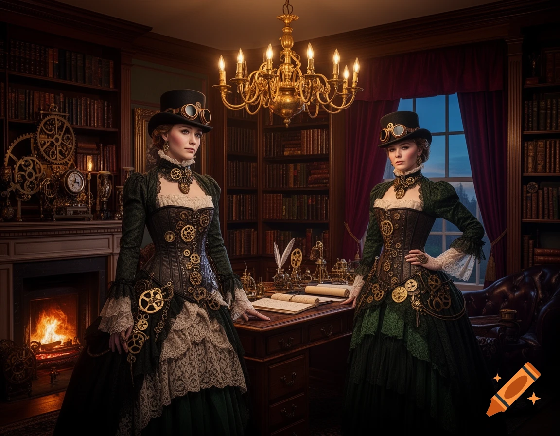 Two women in elaborate steampunk attire stand in a luxurious Victorian study with bookshelves and a fireplace.