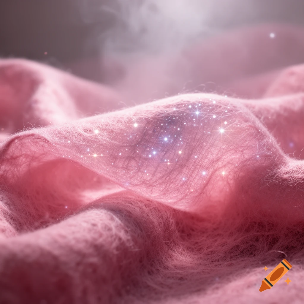 Close-up of soft, wrinkled pink fabric with shimmering sparkles and a hazy background.