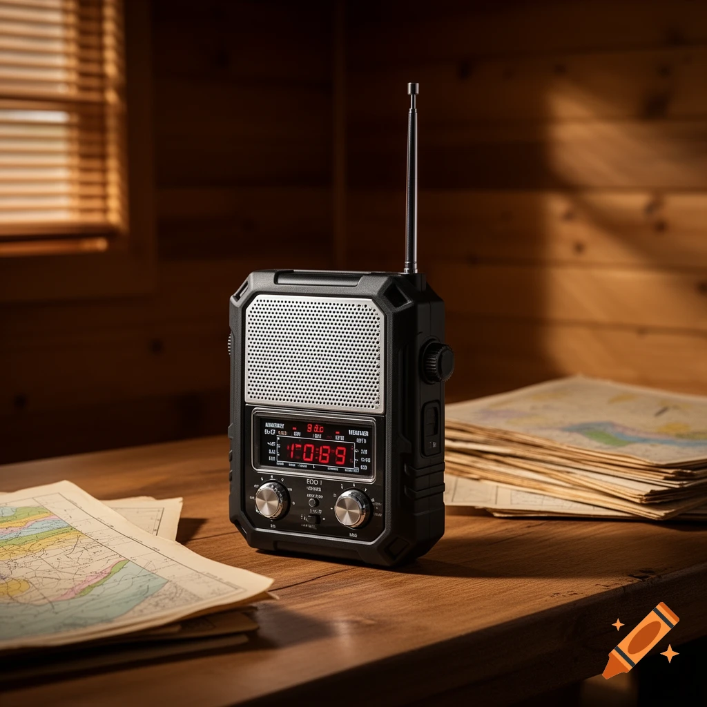 A rugged black weather radio with an antenna and silver speaker grille sits on a wooden table next to several old maps, in a rustic room.