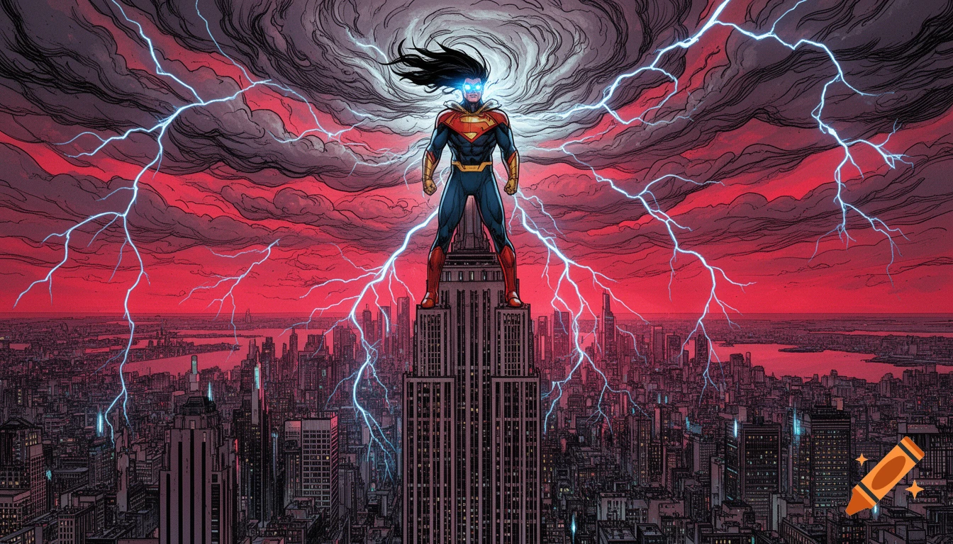 Homelander stands on a skyscraper overlooking a city with a stormy red sky and lightning, in a comic art style.