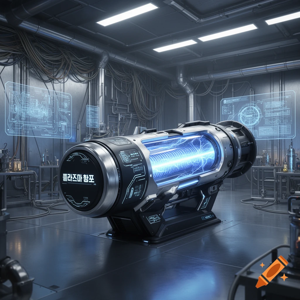 A sleek, futuristic plasma cannon with glowing blue energy and Korean text, displayed in a high-tech laboratory with holographic screens.
