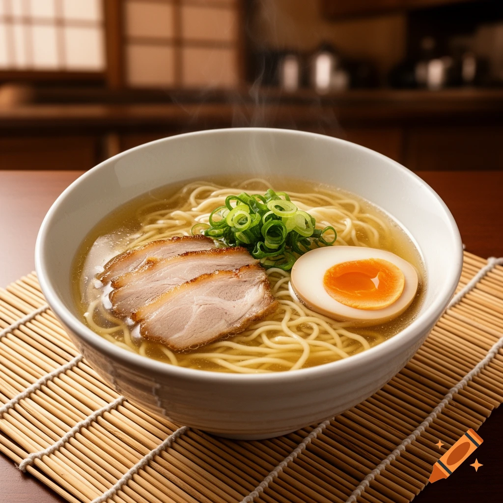 A steaming bowl of photorealistic ramen with sliced pork, a soft-boiled egg, and green onions on a bamboo mat.