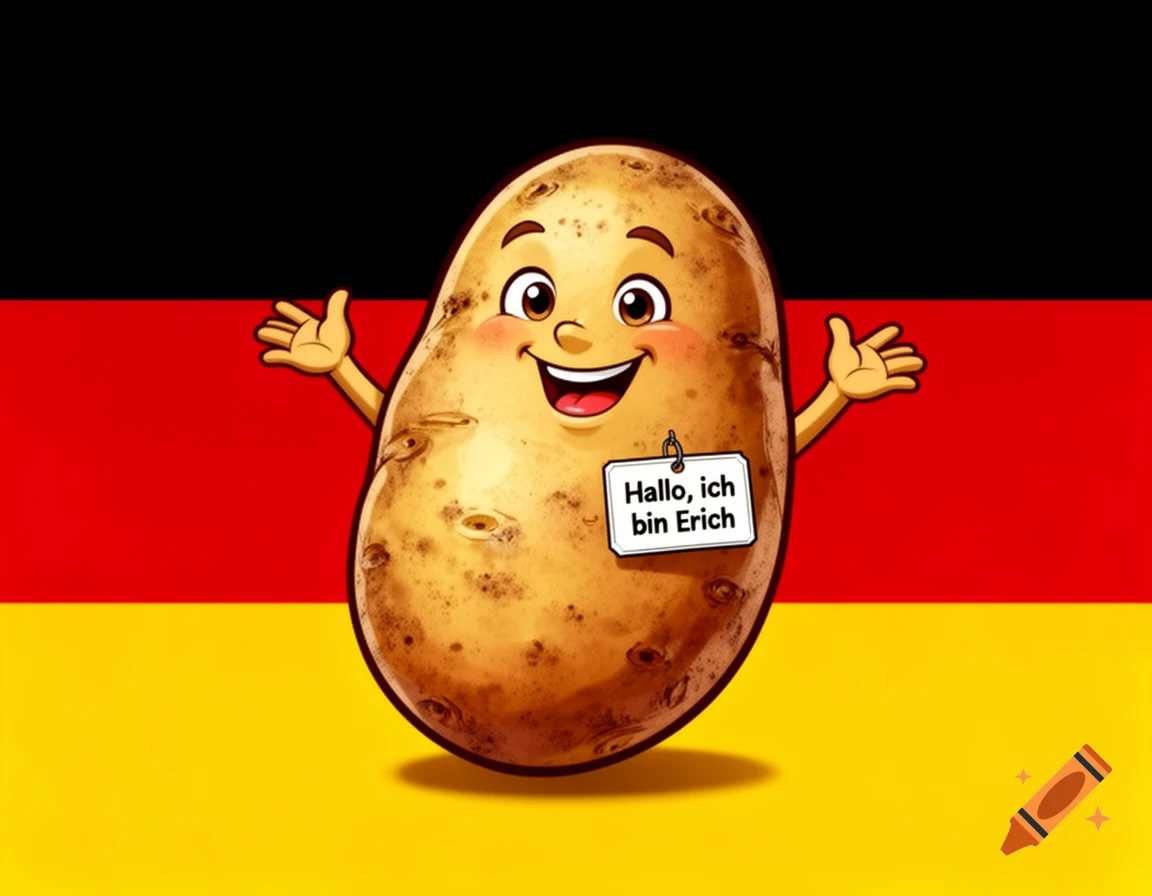 Friendly cartoon potato with arms, a smiling face, and a name tag 'Hallo, ich bin Erich' against a German flag background.