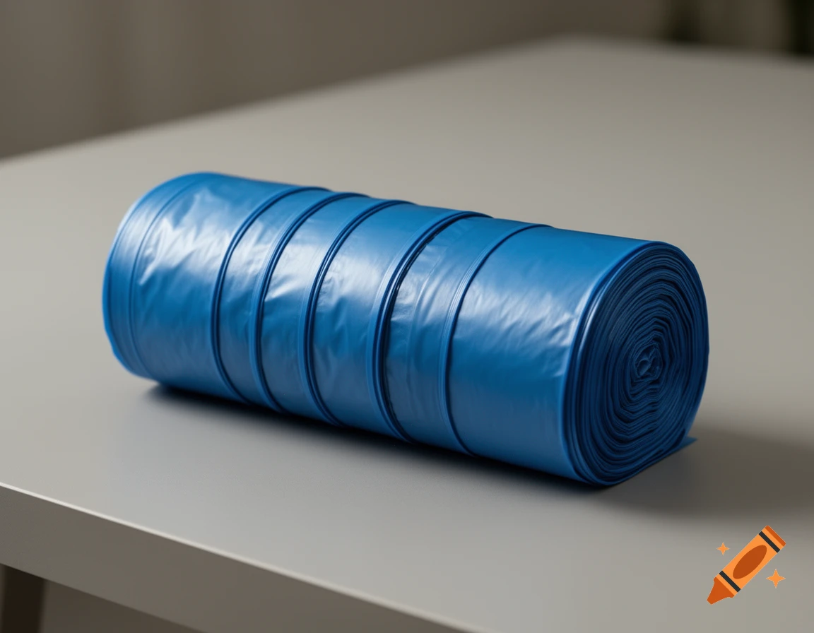 A large roll of blue trash bags rests horizontally on a light grey table.