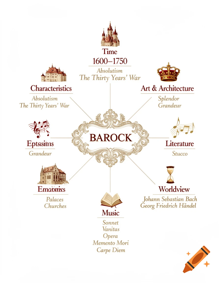 A mindmap infographic about the Baroque period, featuring a central 'BAROCK' title with branches to categories like Time, Characteristics, Art & Architecture, Literature, Worldview, and Music, each with subpoints and small illustrations of a castle, crown, musical notes, open book, and hourglass, all on a white background with gold and dark red text.