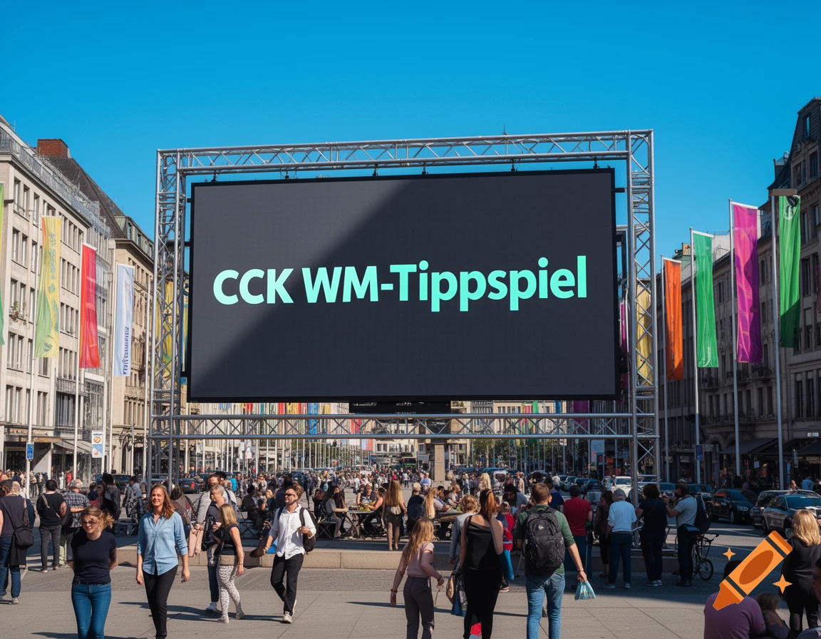 A large outdoor screen displaying "CCK WM-Tippspiel" in a bustling city square with people and buildings under a clear blue sky.