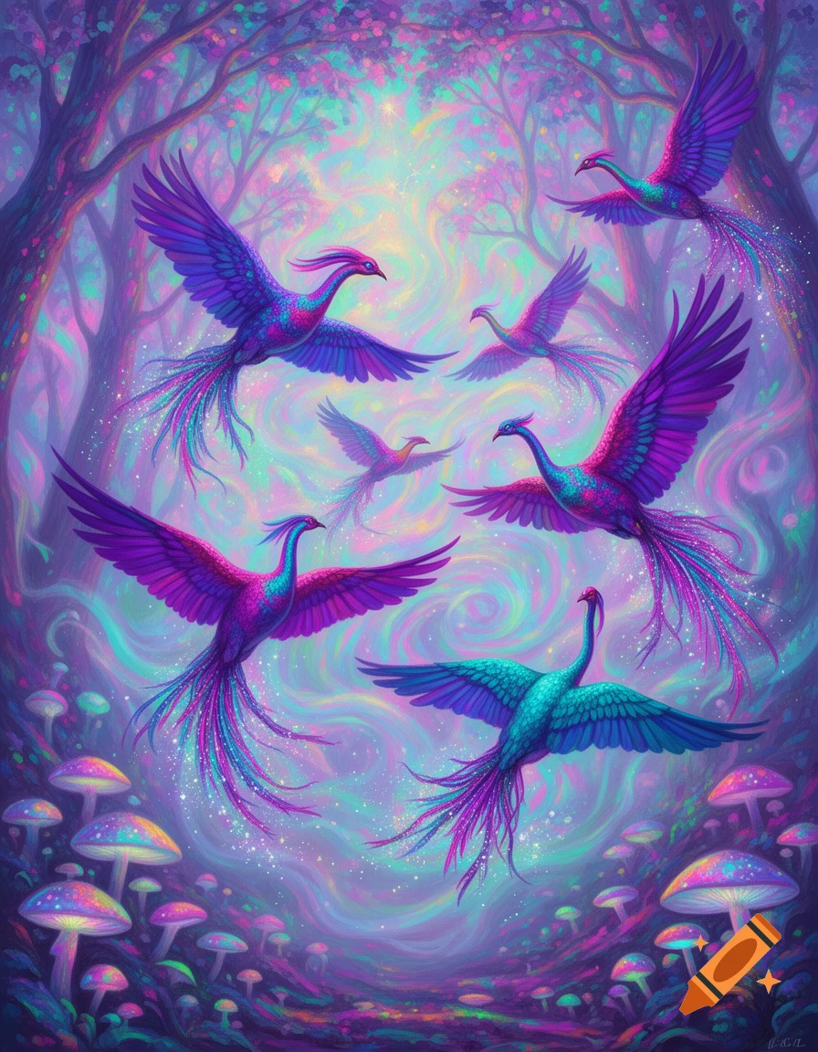 Colorful psychedelic birds with long, sparkling tails fly through an ethereal forest with glowing, vibrant mushrooms.