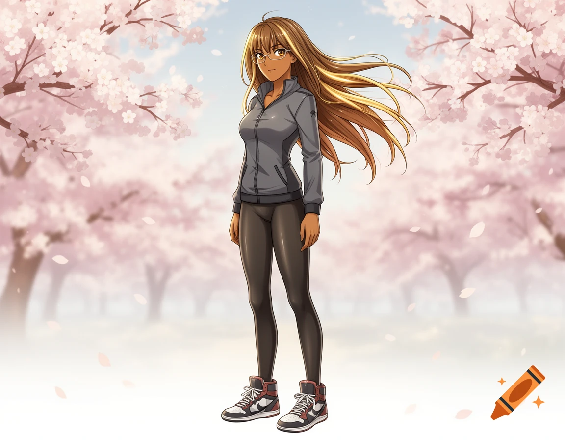 Anime woman with tan skin, light brown hair, and glasses, wearing a gray jacket and black leggings, standing under pink cherry blossom trees.