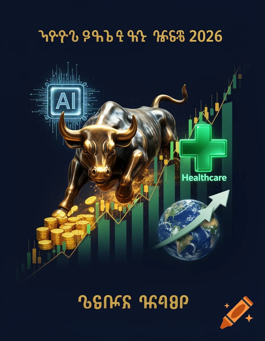 A gold and bronze bull statue charging through an ascending green stock chart, with AI, Healthcare, coins, and a globe, in a modern poster style.