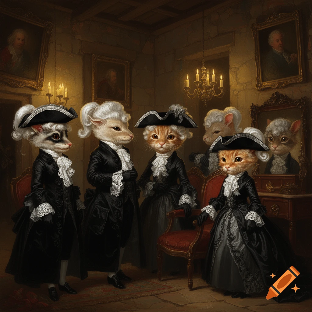 Anthropomorphic cats, raccoons, and weasels in elaborate black Rococo coats and powdered wigs pose in a dimly lit 18th-century room with portraits.