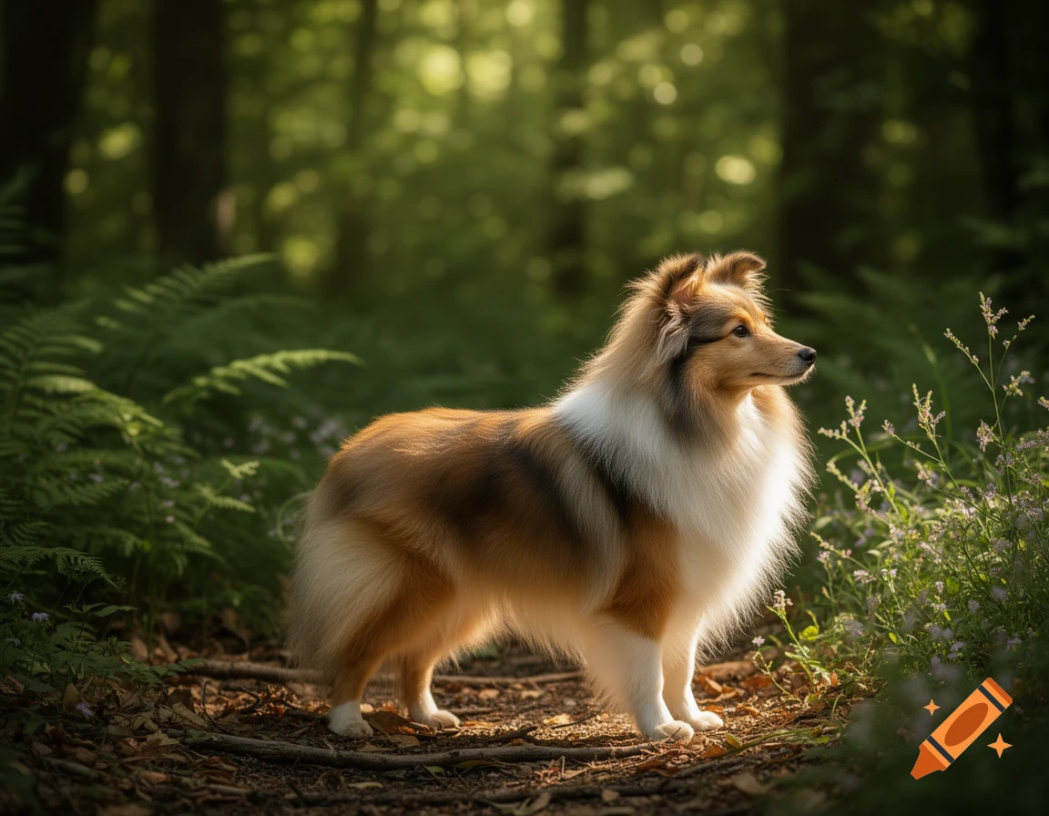 A Sheltie dog with brown and white fur stands on a forest path, looking right, with sunlight dappling through green leaves.