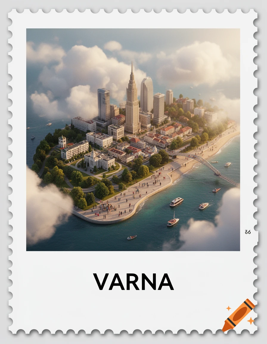 A stylized isometric 3D diorama of Varna city on a white stamp, featuring tall buildings, a coastline, people, and boats under clouds.