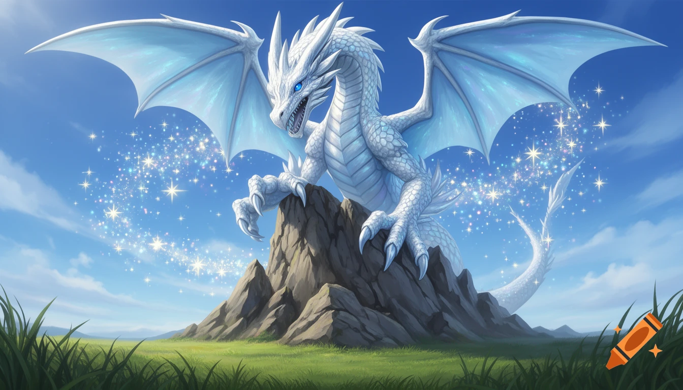 A majestic white and blue dragon with glowing blue eyes perches on a rocky peak, with sparkling lights in a blue sky over a green field.