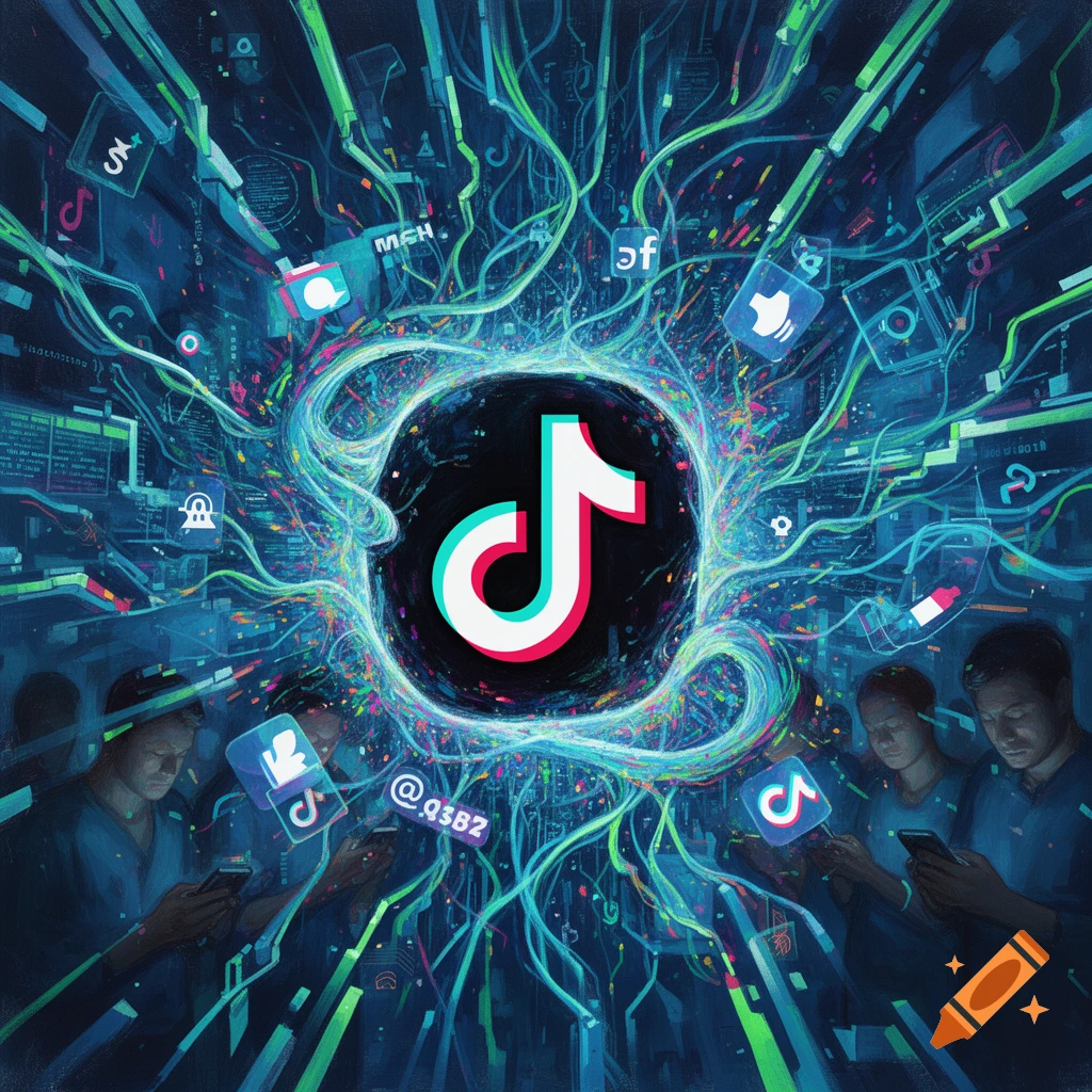An illustration of the TikTok logo at the center of a swirling network of digital cables and data, with people looking at phones and other social media icons floating around.
