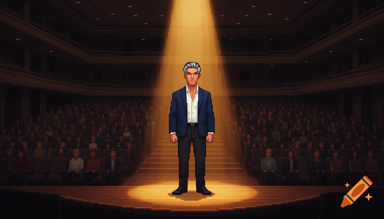 A pixel art image of a man in a navy blazer standing on a stage under a bright spotlight in a crowded auditorium.