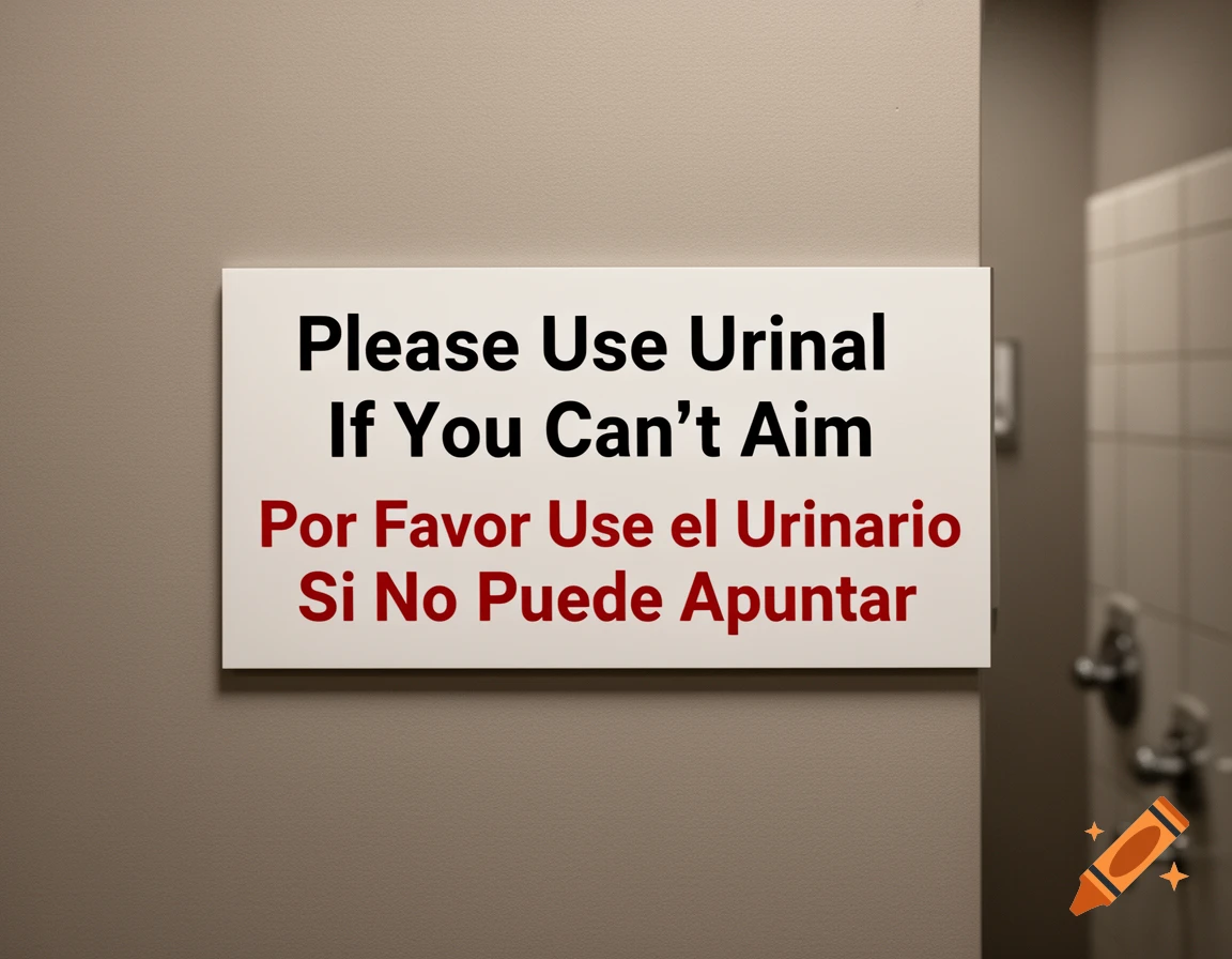 A sign in English and Spanish on a restroom wall reads, 'Please Use Urinal If You Can't Aim.'