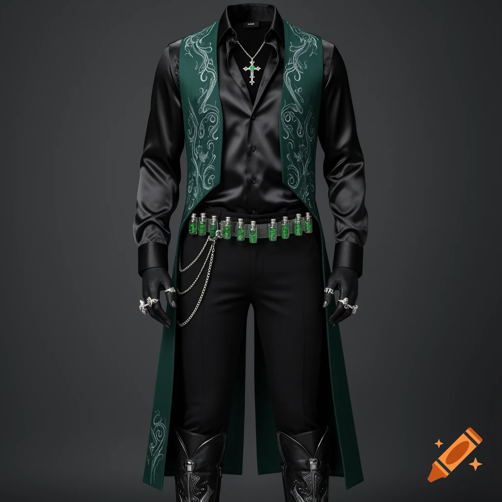 A gothic-style 'Poison Prince' outfit on a mannequin, featuring a dark emerald green embroidered vest over a black satin shirt, black pants, boots, and a belt of small green vials.