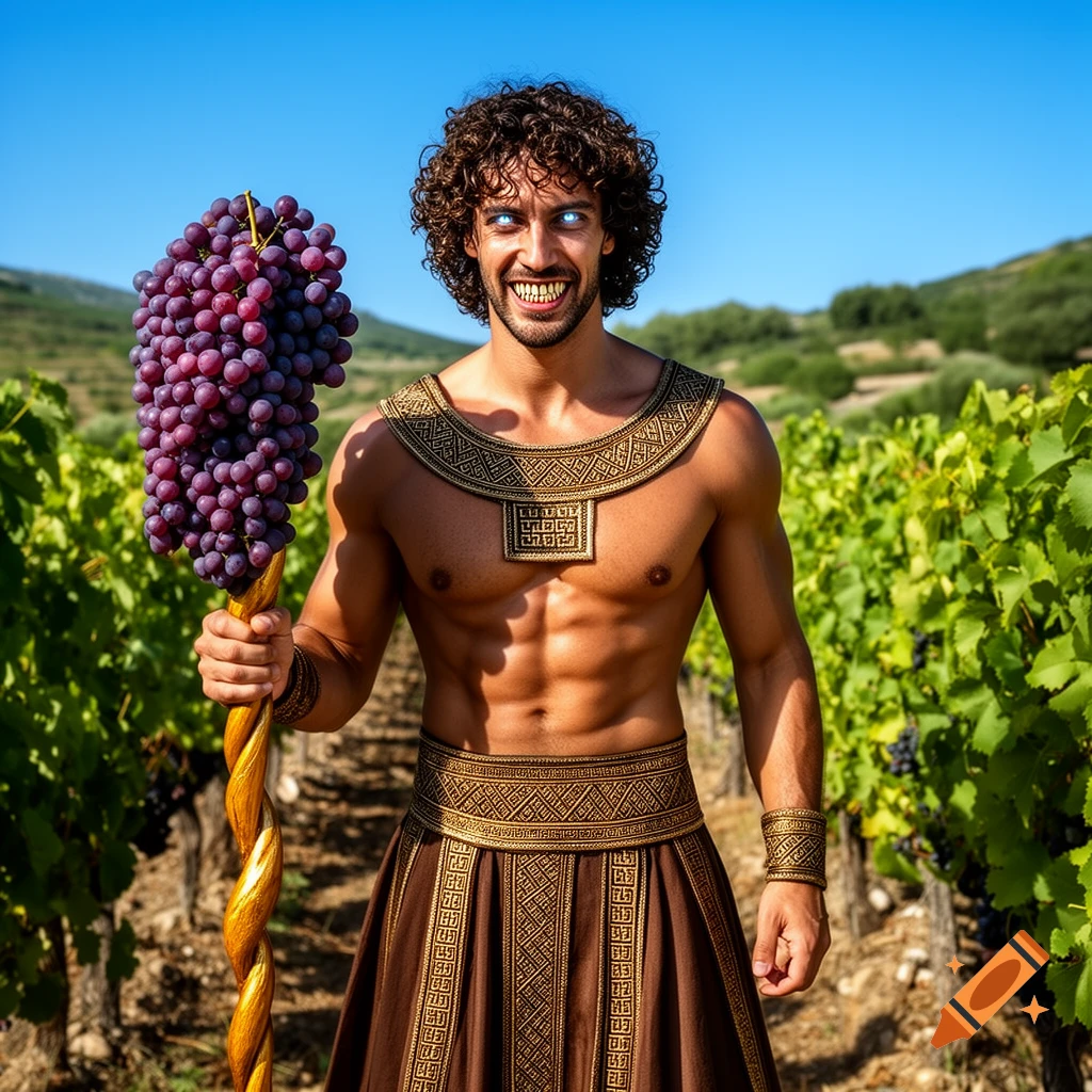 Man with glowing eyes and fangs in ancient attire holds a grape-covered staff in a vineyard.