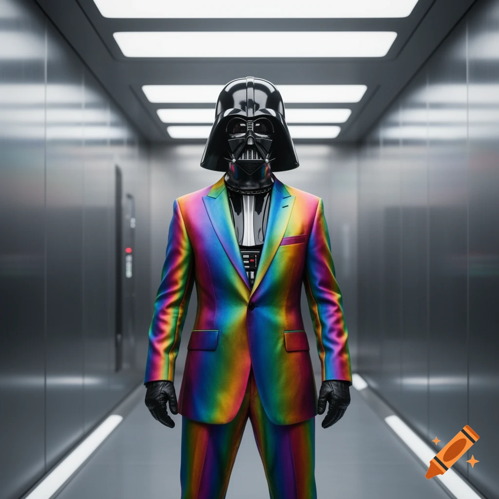 Photorealistic image of Darth Vader in a vibrant rainbow suit and black gloves standing in a modern metallic elevator.
