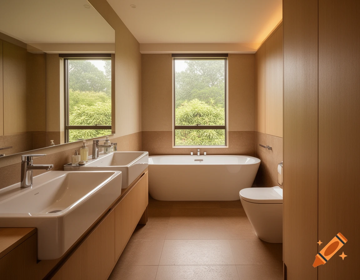 A modern bathroom with two white rectangular sinks, a large white freestanding bathtub, and a toilet. A window overlooks lush green trees.