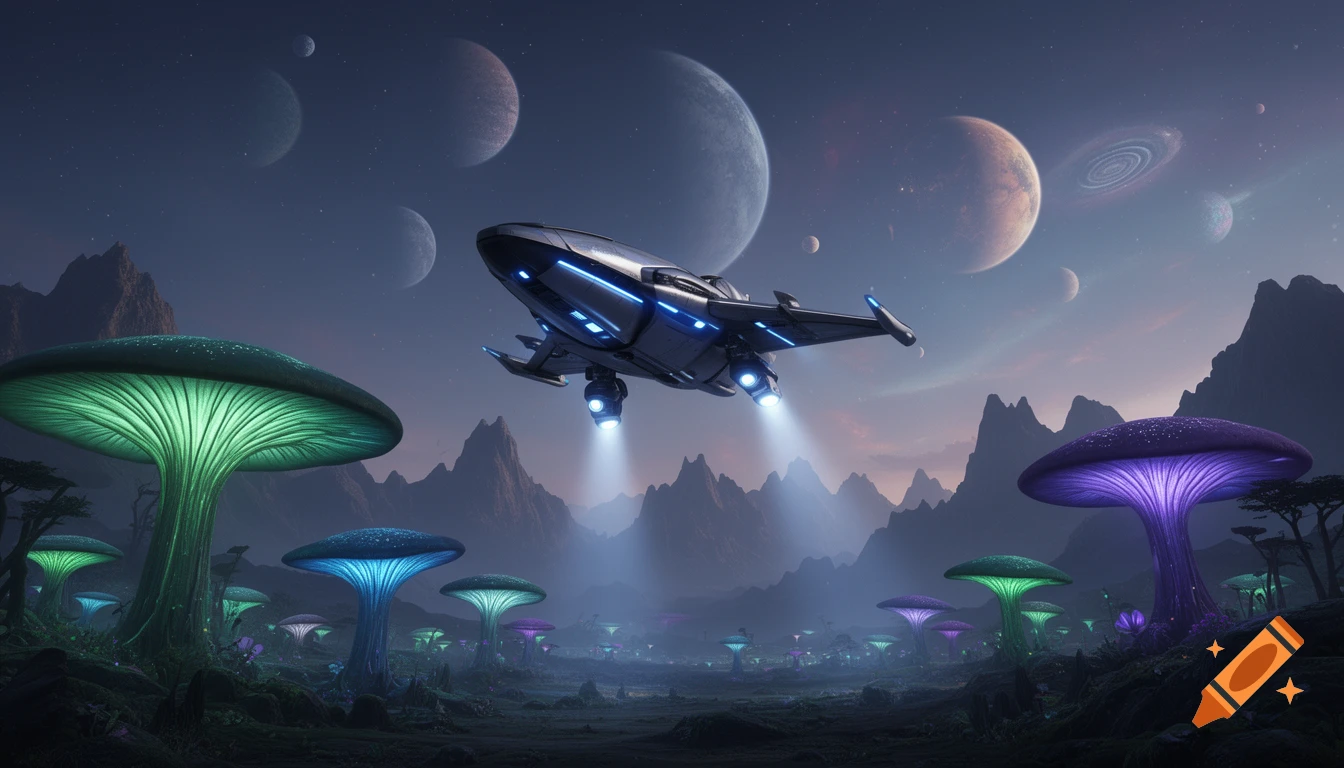 A futuristic spaceship descends onto an alien planet at night, surrounded by giant glowing mushrooms, with multiple planets in the starry sky.